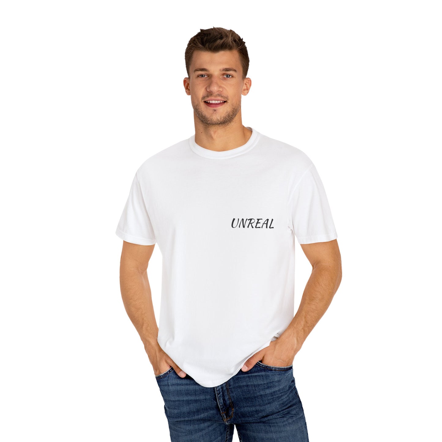 Unisex Garment-Dyed Graphic Tee - 'UNREAL' Statement T-Shirt for Streetwear Lovers
